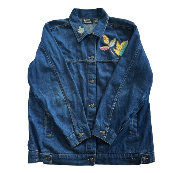 90s Y2K Denim Jacket Silver Threads Embroidered Leaf Jean Coat Women’s L Fall - Picture 4 of 15